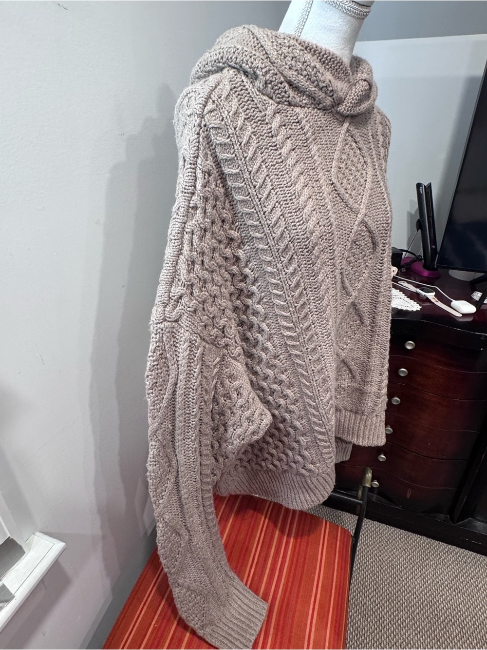 Essentials Fear of God Taupe Cable Knit Hoodie Sweater - Picture 3 of 8